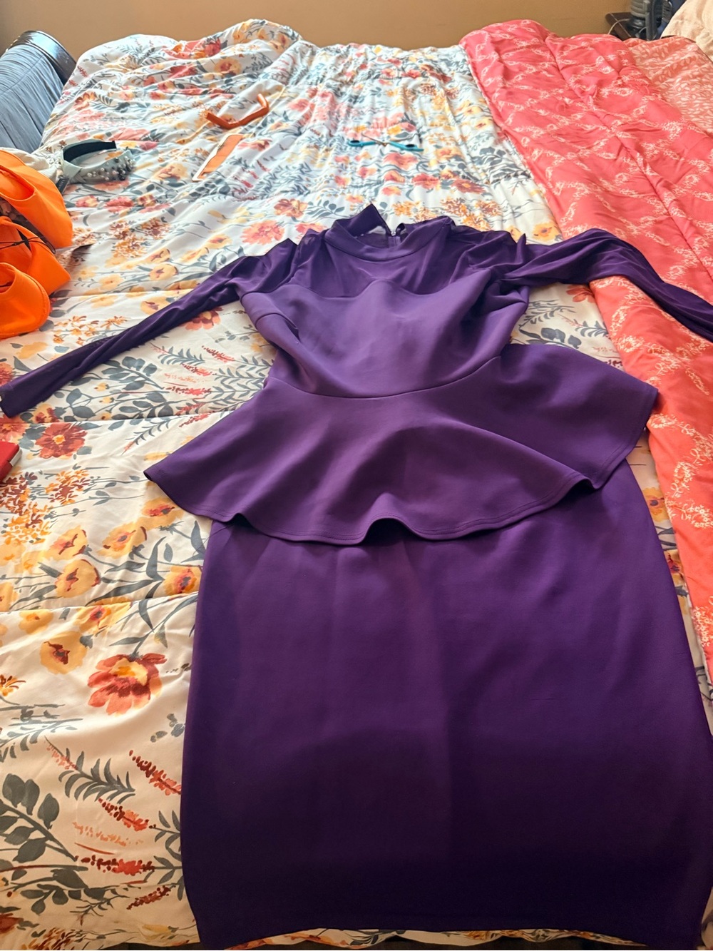 Ashley Stewart Purple Long-Sleeve Peplum Sheath Dress